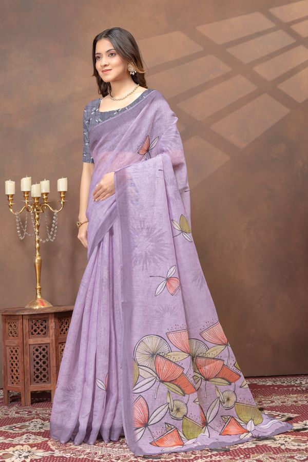 Lavender Floral Linen Cotton Saree with Printed Border