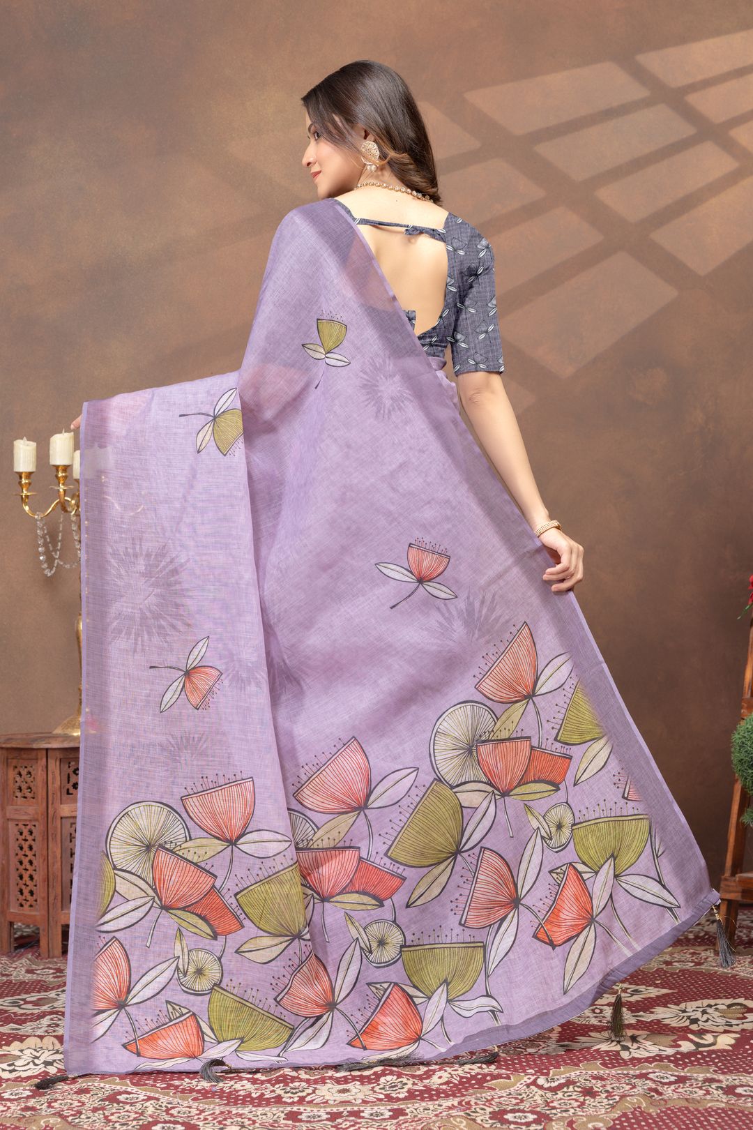 Lavender Floral Linen Cotton Saree with Printed Border