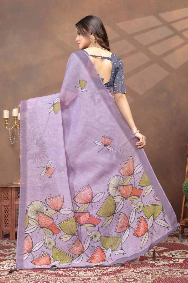 Lavender Floral Linen Cotton Saree with Printed Border