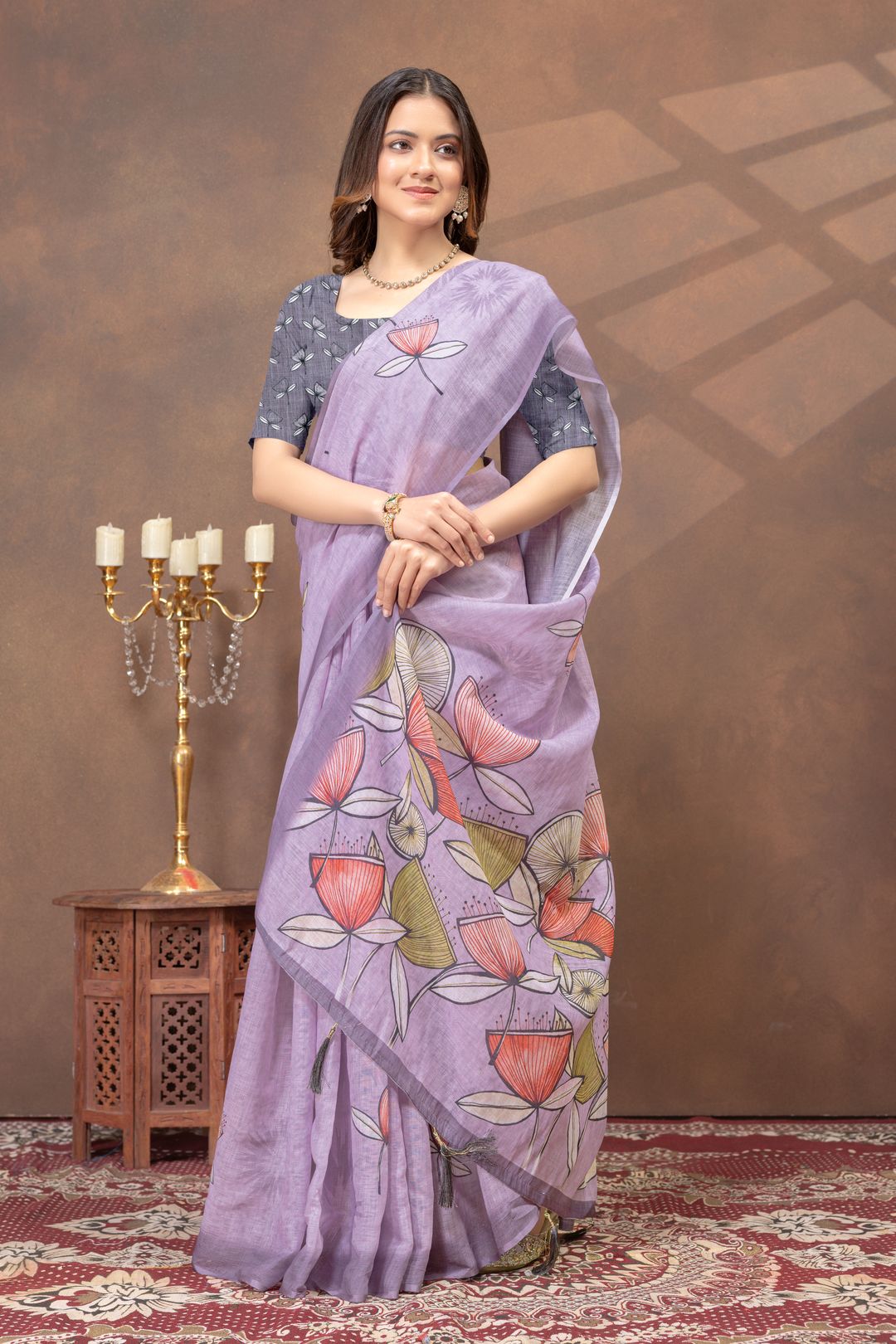 Lavender Floral Linen Cotton Saree with Printed Border