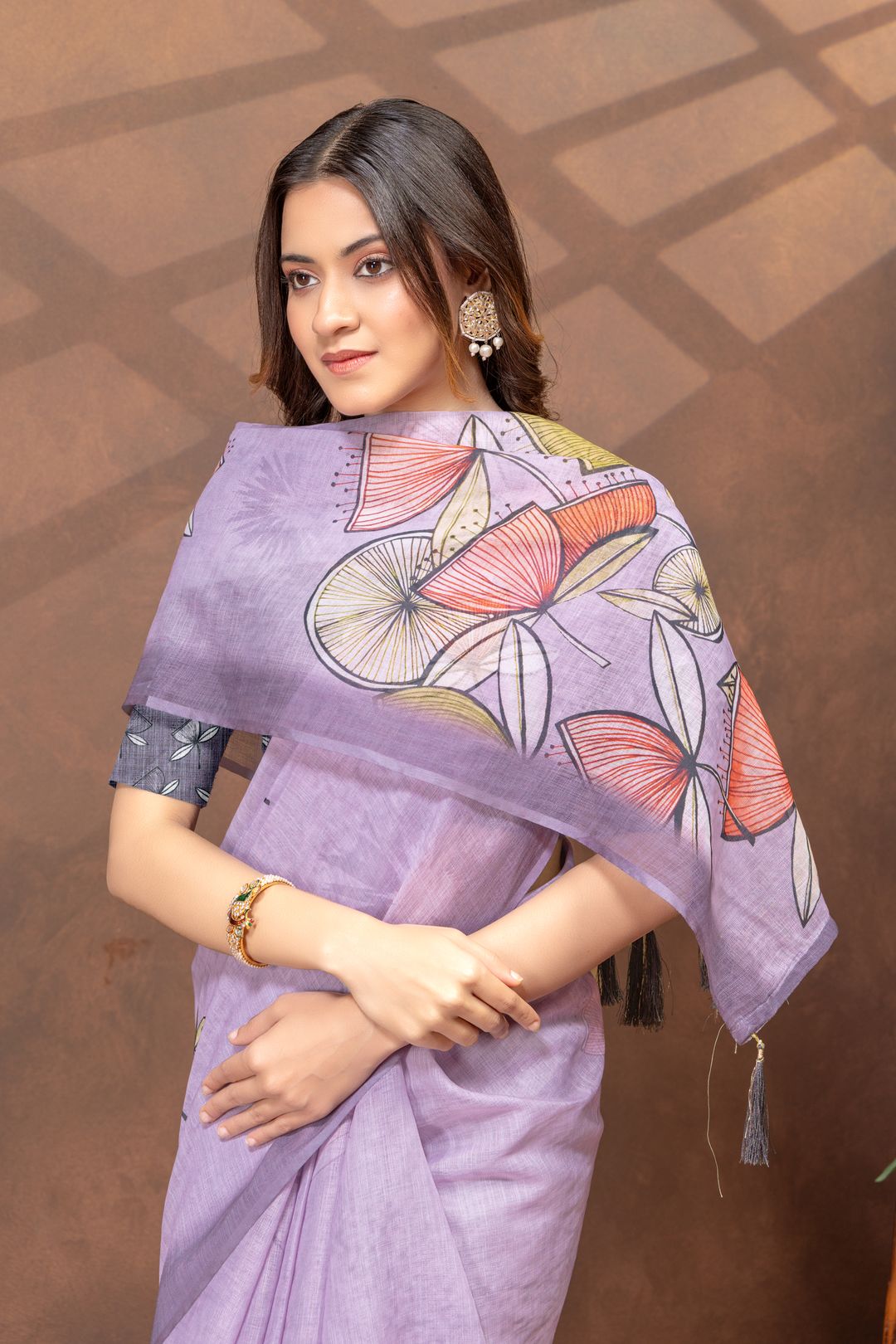 Lavender Floral Linen Cotton Saree with Printed Border