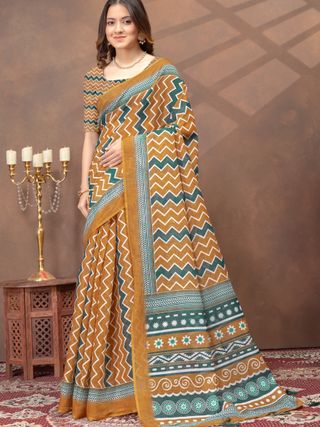 Mustard Green Chevron Print Saree with Designer Borders