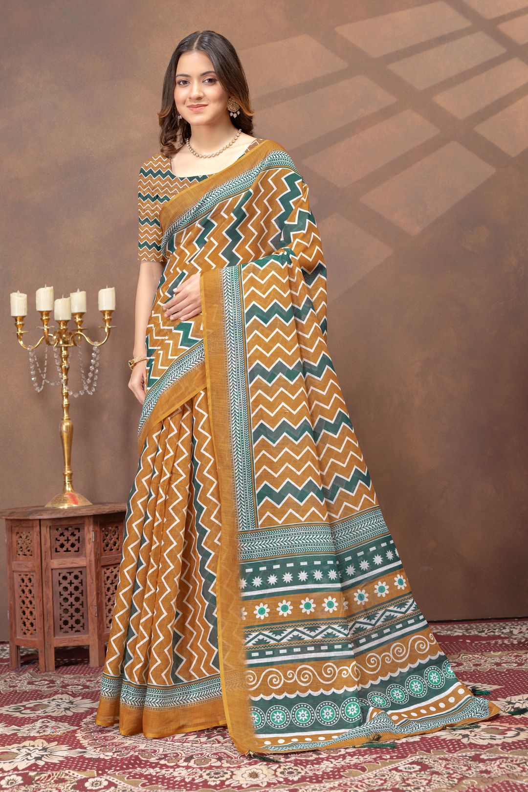 Mustard Green Chevron Print Saree with Designer Borders