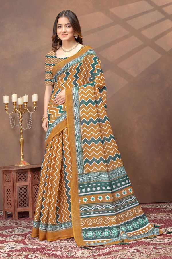 Mustard Green Chevron Print Saree with Designer Borders