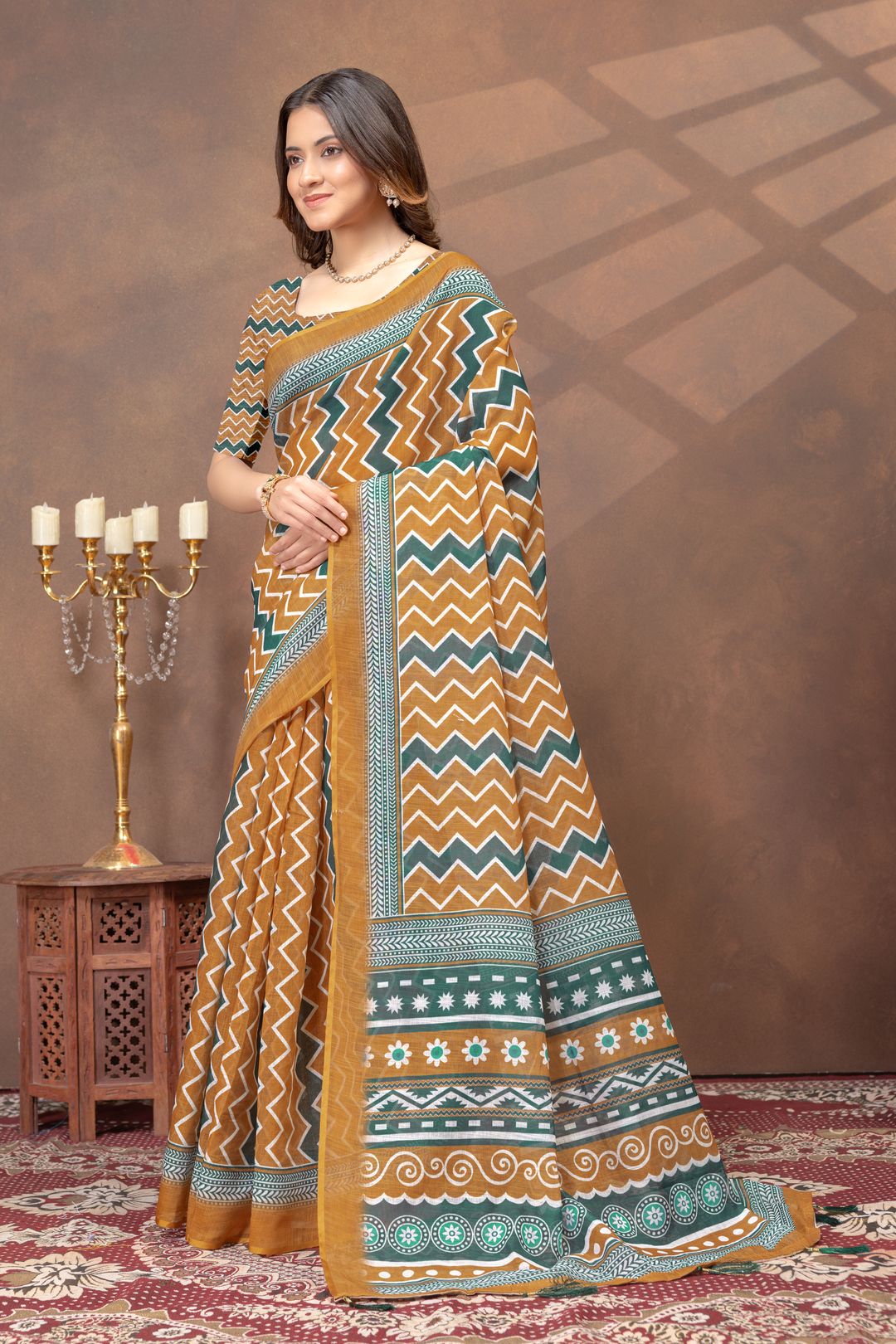 Mustard Green Chevron Print Saree with Designer Borders