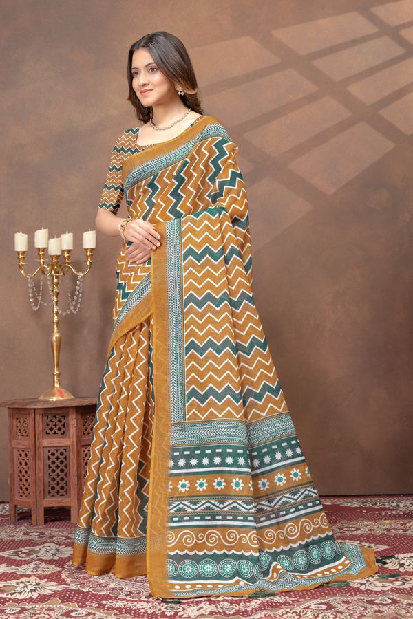 Mustard Green Chevron Print Saree with Designer Borders