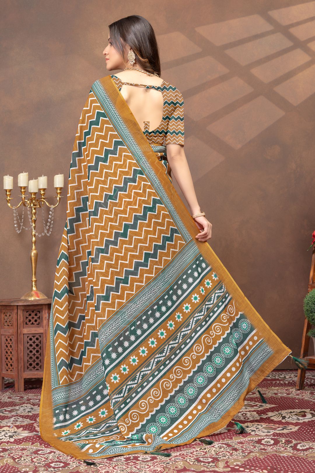 Mustard Green Chevron Print Saree with Designer Borders