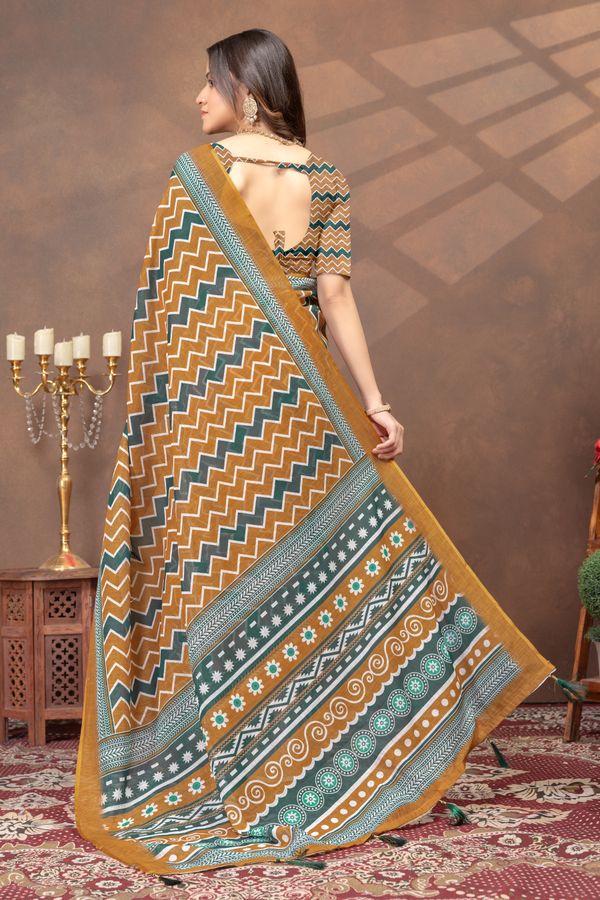 Mustard Green Chevron Print Saree with Designer Borders