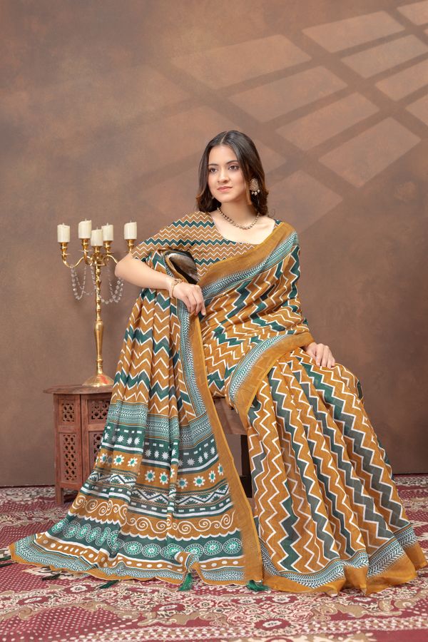 Mustard Green Chevron Print Saree with Designer Borders