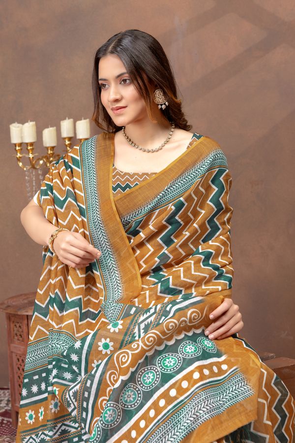 Mustard Green Chevron Print Saree with Designer Borders