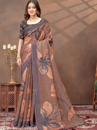 Brown Floral Linen Cotton Saree with Peach Botanical Print