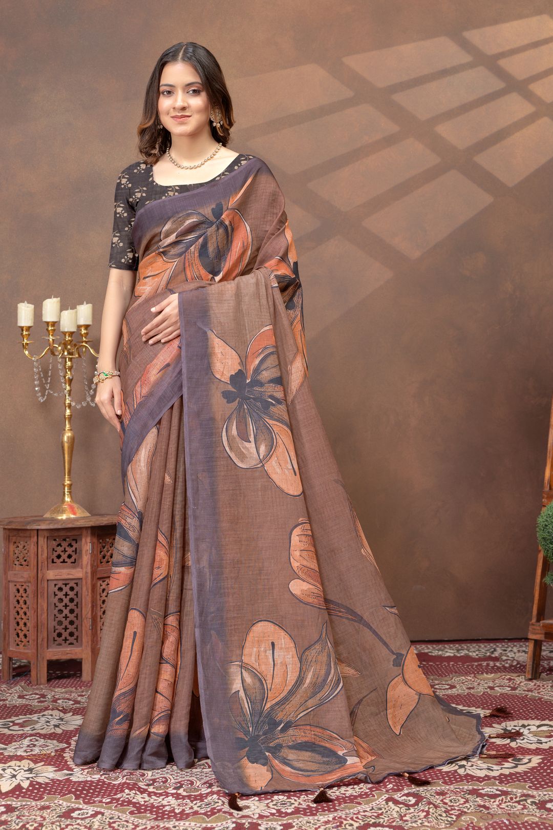 Brown Floral Linen Cotton Saree with Peach Botanical Print