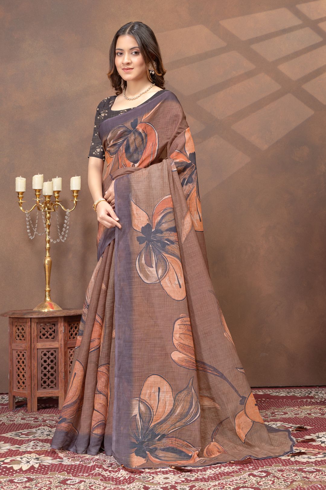 Brown Floral Linen Cotton Saree with Peach Botanical Print