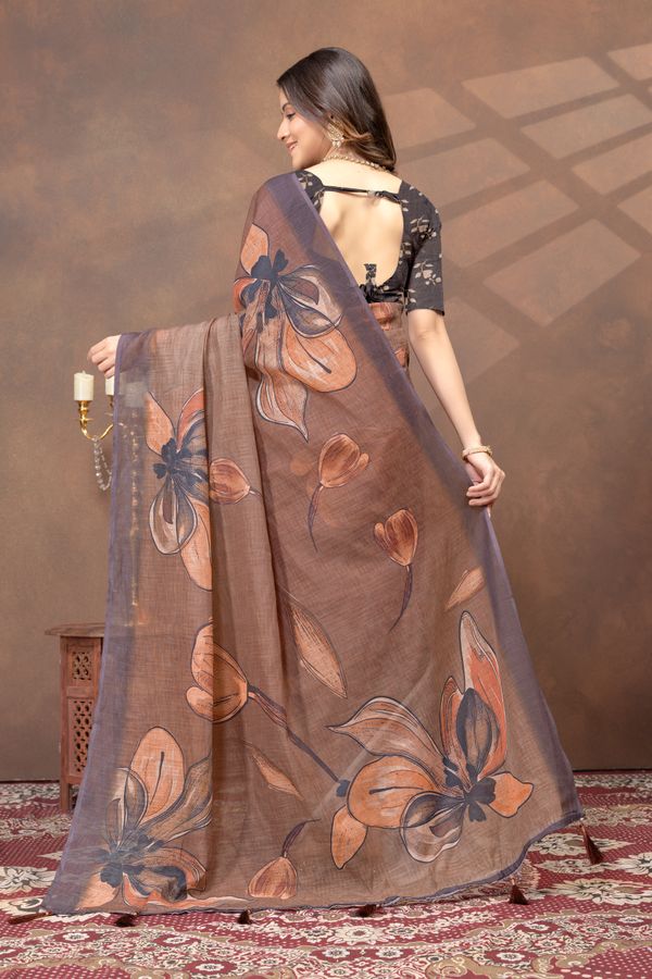 Brown Floral Linen Cotton Saree with Peach Botanical Print