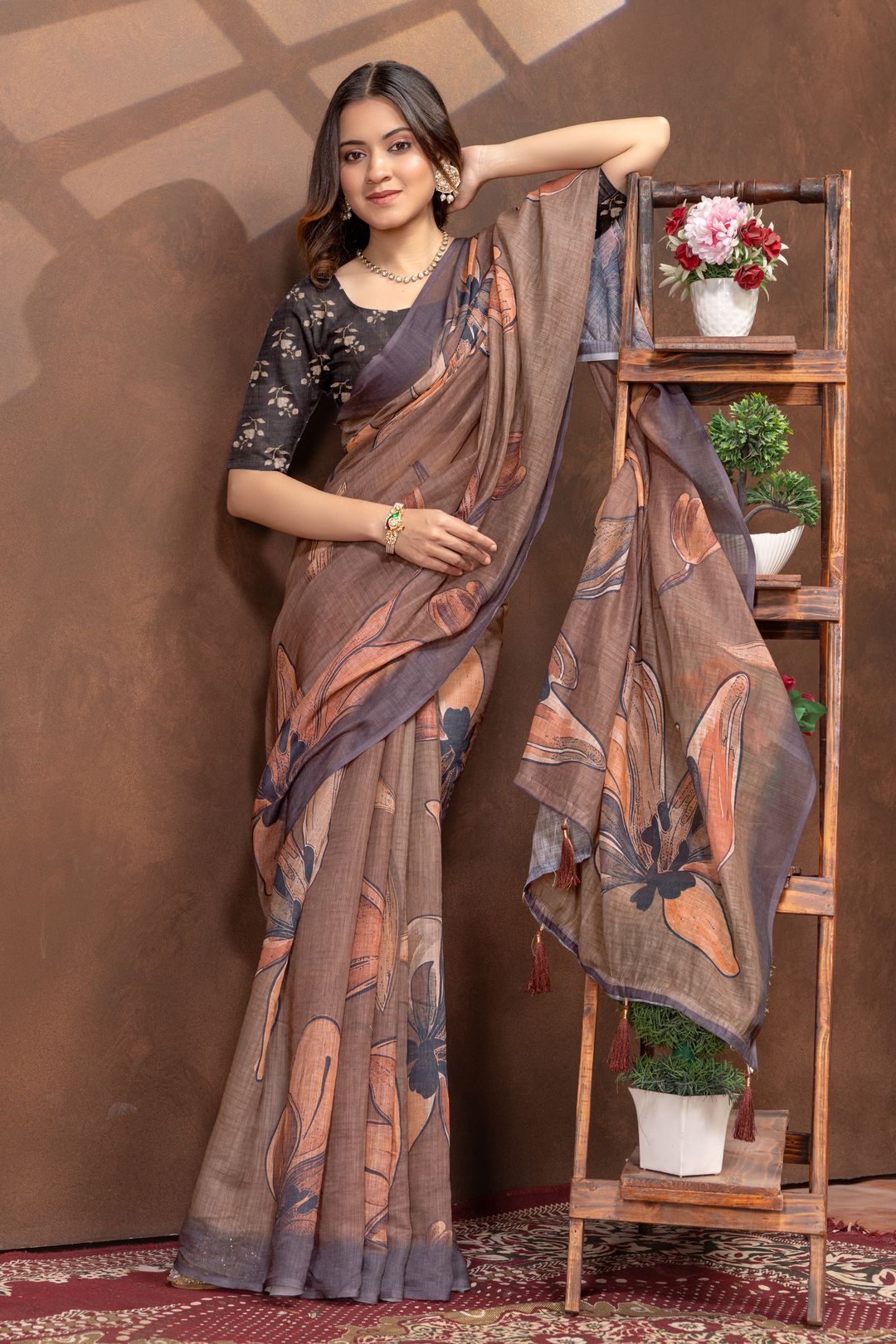 Brown Floral Linen Cotton Saree with Peach Botanical Print