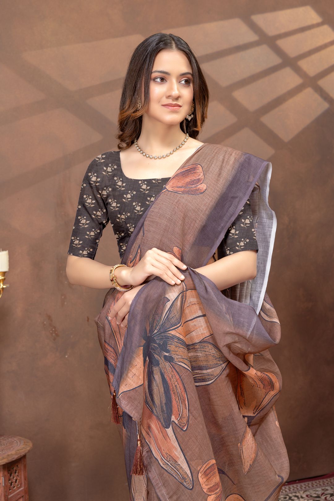 Brown Floral Linen Cotton Saree with Peach Botanical Print