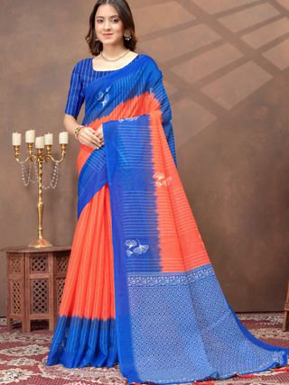 Royal Blue Coral Printed Linen Cotton Saree with Floral Motifs