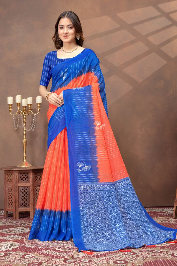 Royal Blue Coral Printed Linen Cotton Saree with Floral Motifs