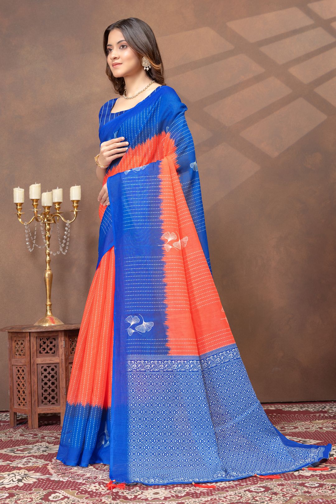 Royal Blue Coral Printed Linen Cotton Saree with Floral Motifs