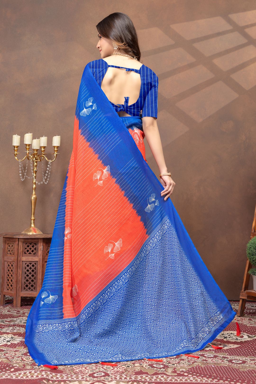 Royal Blue Coral Printed Linen Cotton Saree with Floral Motifs