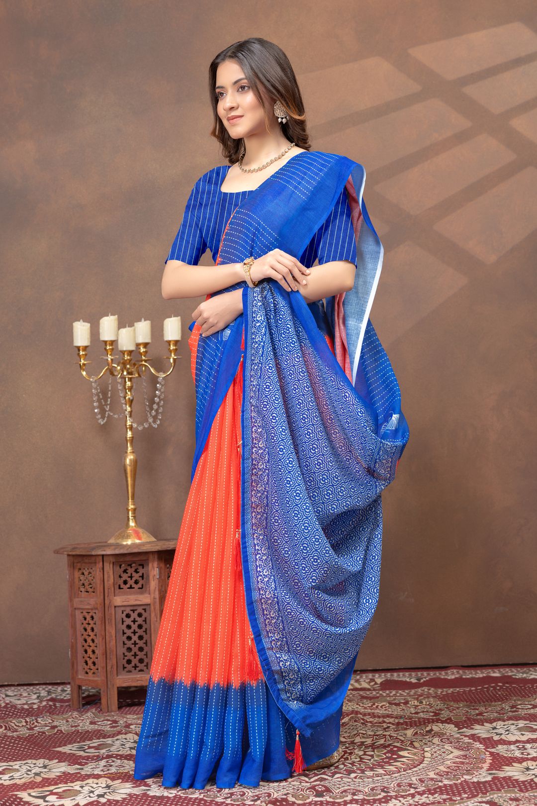 Royal Blue Coral Printed Linen Cotton Saree with Floral Motifs