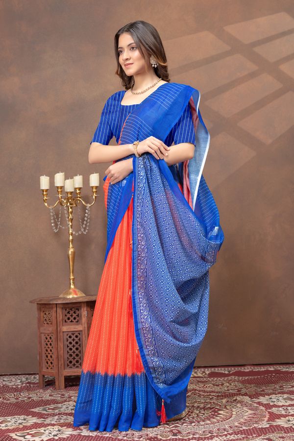 Royal Blue Coral Printed Linen Cotton Saree with Floral Motifs