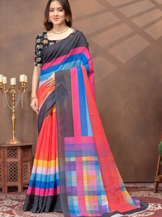 Black Multicolour Satin Saree with Contrast Pallu & Border