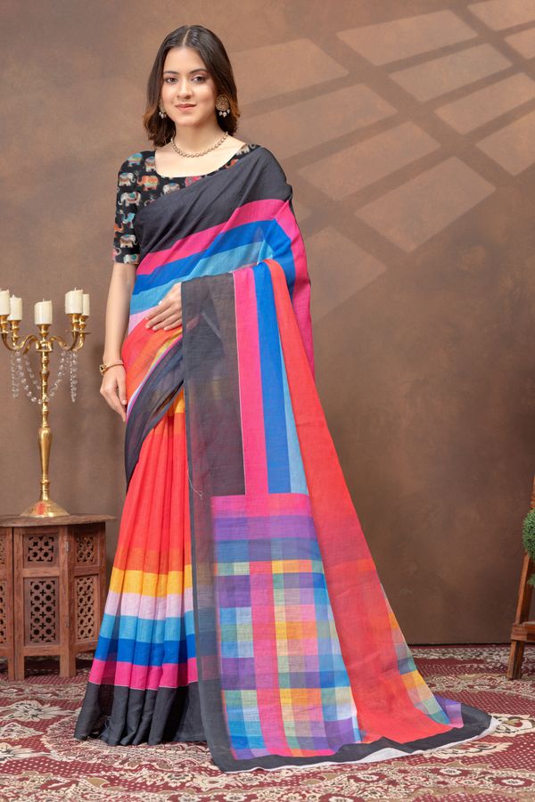 Black Multicolour Satin Saree with Contrast Pallu & Border