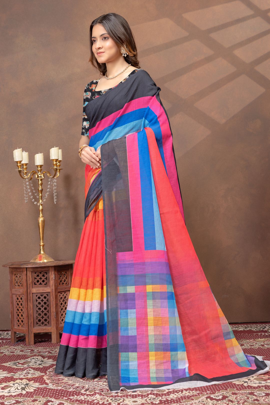 Black Multicolour Satin Saree with Contrast Pallu & Border