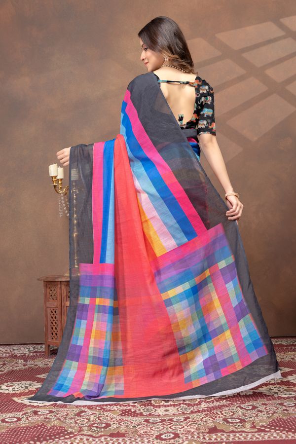 Black Multicolour Satin Saree with Contrast Pallu & Border