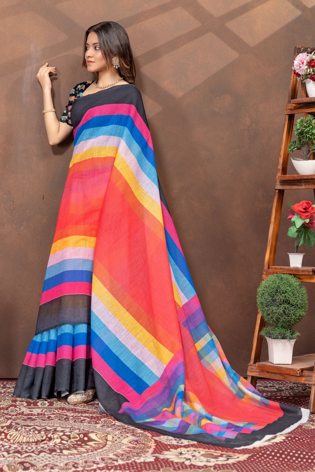 Black Multicolour Satin Saree with Contrast Pallu & Border