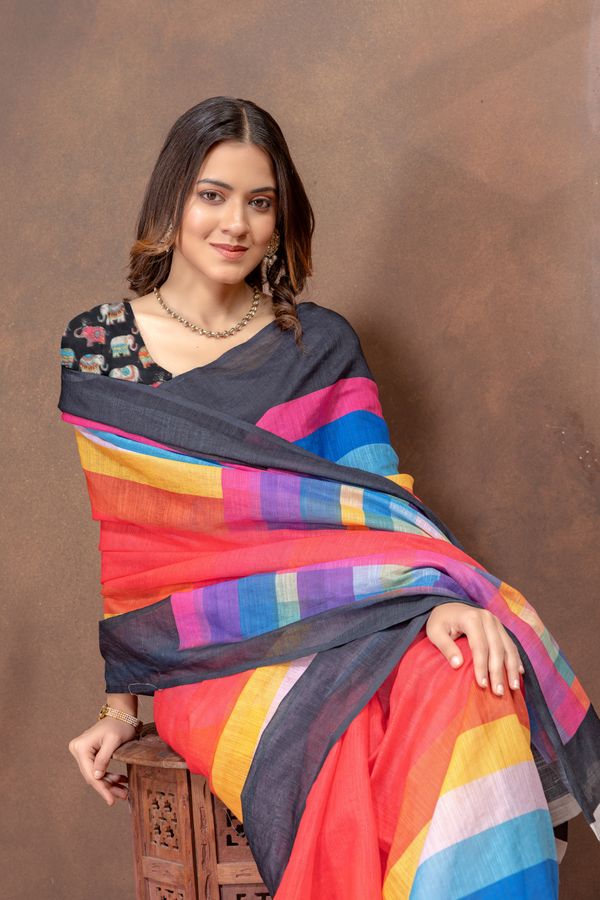 Black Multicolour Satin Saree with Contrast Pallu & Border