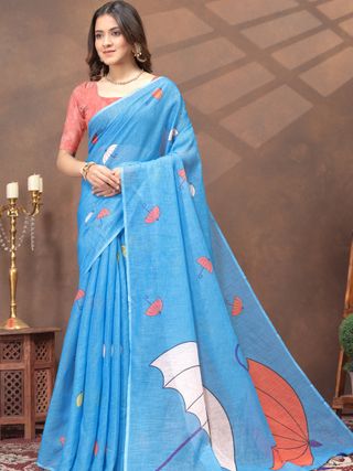 Sky Blue Umbrella Print Linen Cotton Saree with Unstitched Blouse