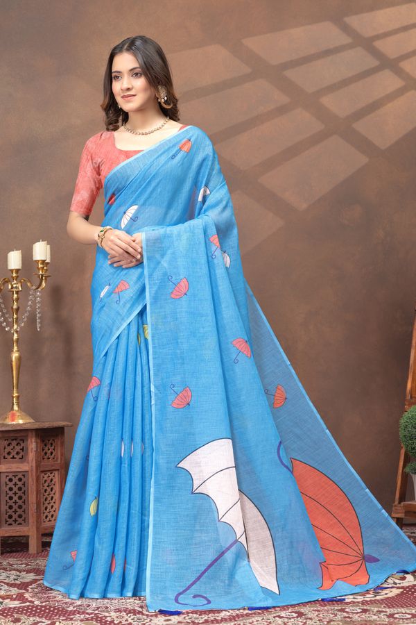 Sky Blue Umbrella Print Linen Cotton Saree with Unstitched Blouse