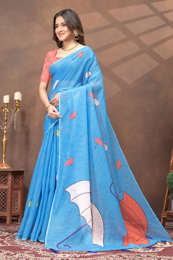 Sky Blue Umbrella Print Linen Cotton Saree with Unstitched Blouse