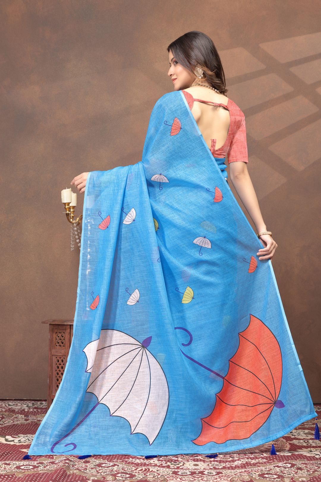 Sky Blue Umbrella Print Linen Cotton Saree with Unstitched Blouse