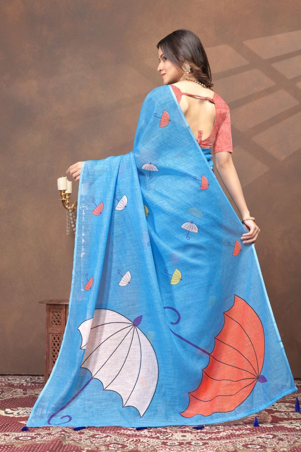 Sky Blue Umbrella Print Linen Cotton Saree with Unstitched Blouse