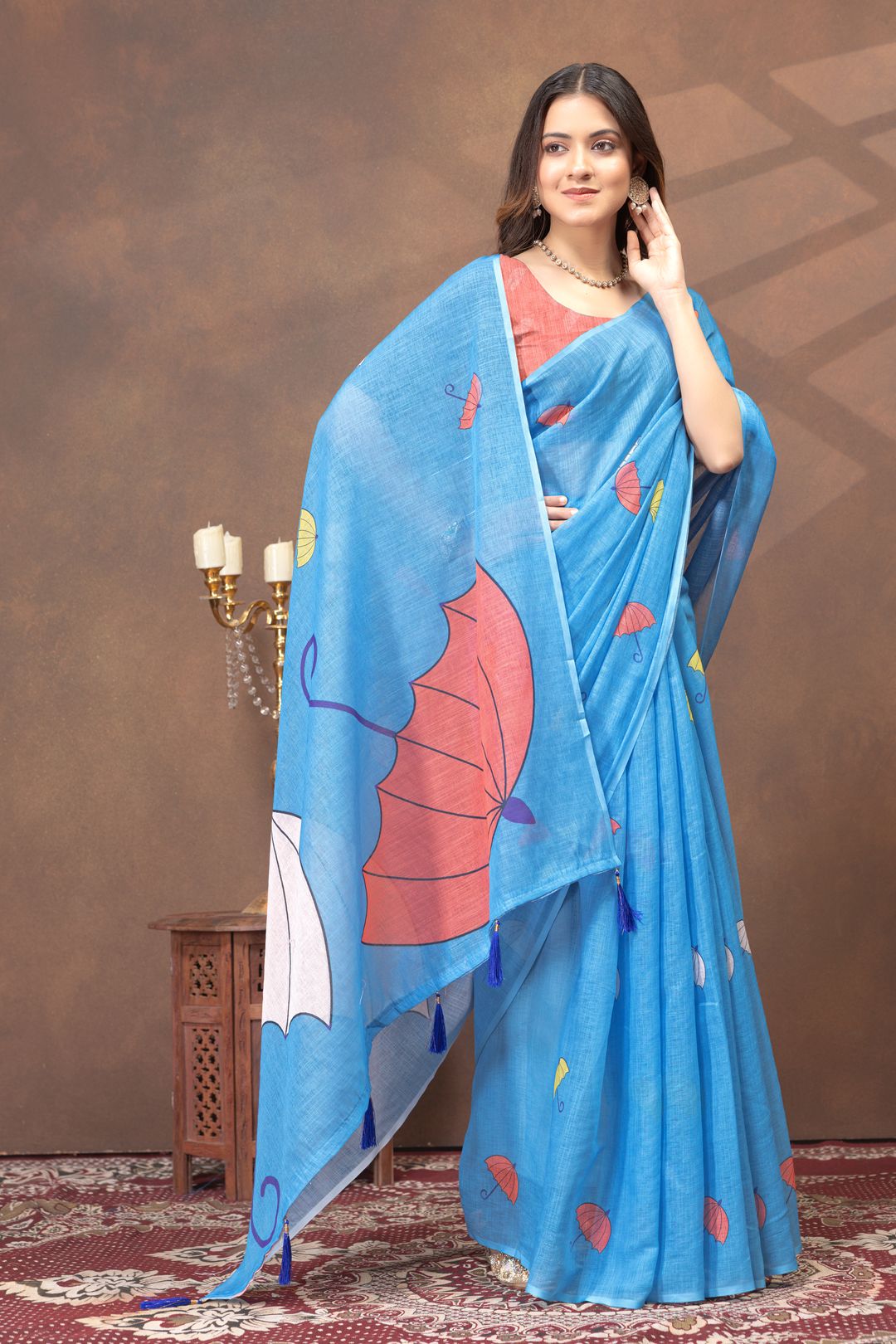 Sky Blue Umbrella Print Linen Cotton Saree with Unstitched Blouse