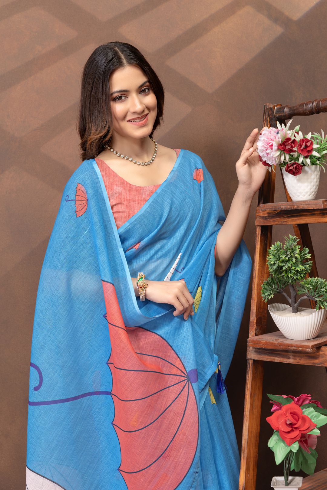 Sky Blue Umbrella Print Linen Cotton Saree with Unstitched Blouse