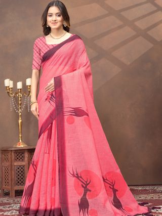 Coral Pink Deer Motif Printed Linen Cotton Saree with Blouse