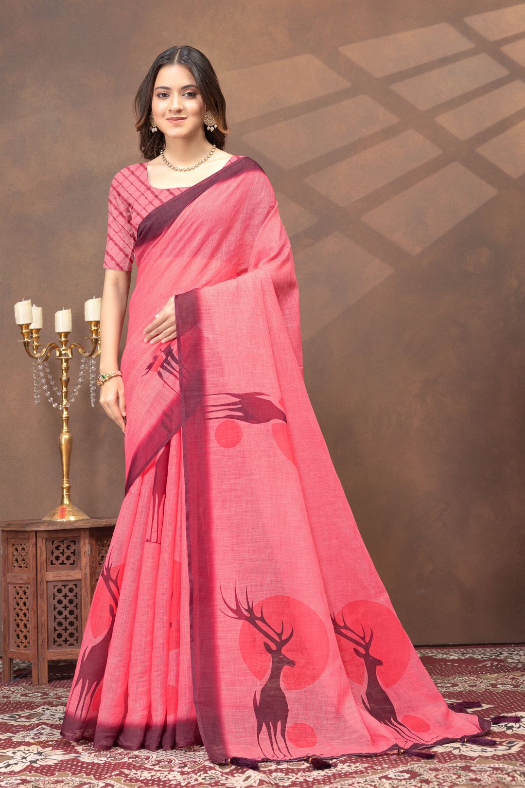 Coral Pink Deer Motif Printed Linen Cotton Saree with Blouse