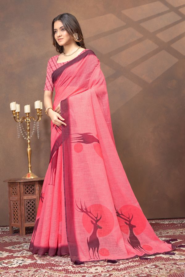 Coral Pink Deer Motif Printed Linen Cotton Saree with Blouse