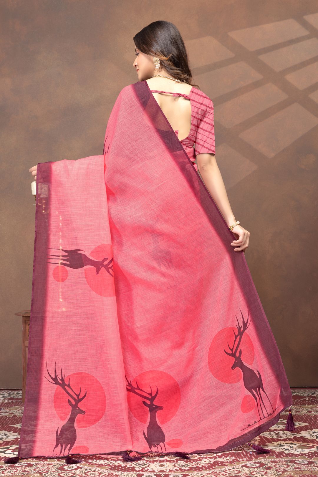 Coral Pink Deer Motif Printed Linen Cotton Saree with Blouse