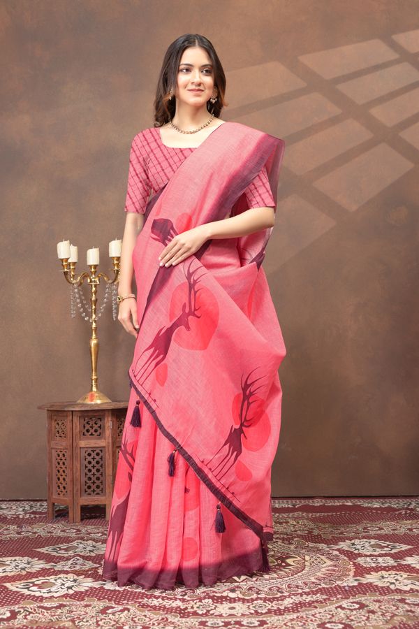 Coral Pink Deer Motif Printed Linen Cotton Saree with Blouse