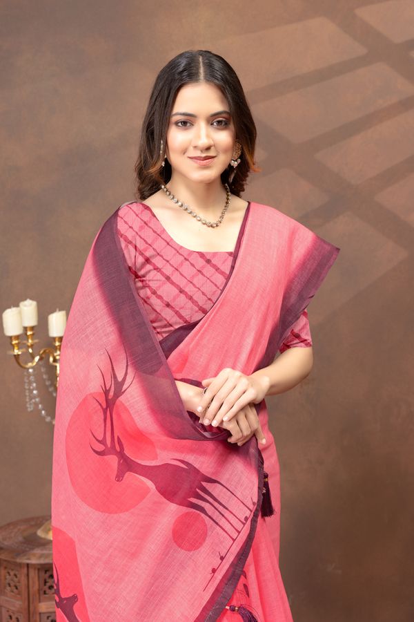 Coral Pink Deer Motif Printed Linen Cotton Saree with Blouse