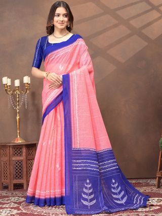 Shop Coral Pink Linen Cotton Saree with Artistic Deer Motif
