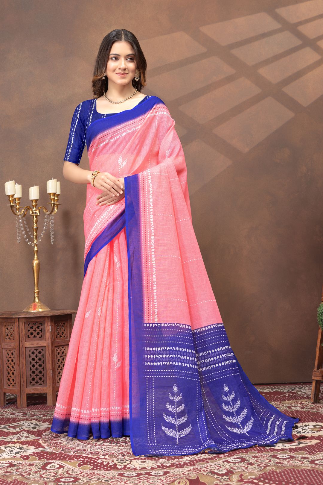 Shop Coral Pink Linen Cotton Saree with Artistic Deer Motif