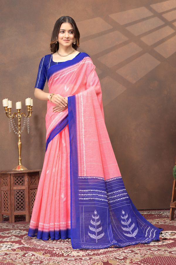 Shop Coral Pink Linen Cotton Saree with Artistic Deer Motif