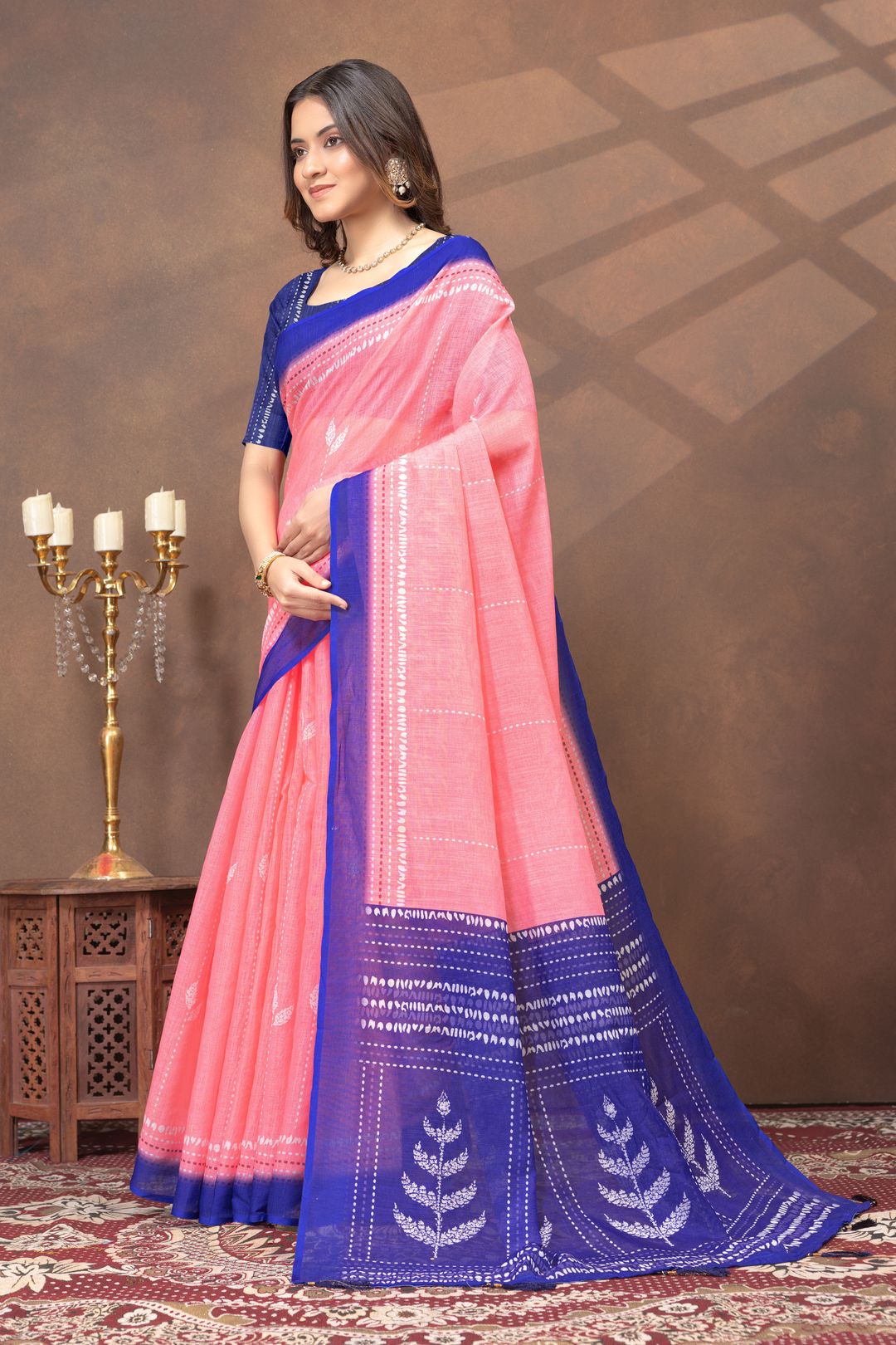 Shop Coral Pink Linen Cotton Saree with Artistic Deer Motif