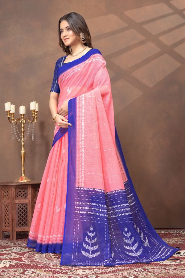 Shop Coral Pink Linen Cotton Saree with Artistic Deer Motif